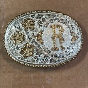 Vtg Crumrine Western Floral Belt Buckle Silver Bronze “R” Initial